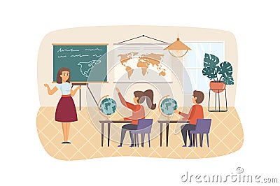 Geography lesson in classroom scene. Teacher stands by blackboard Vector Illustration