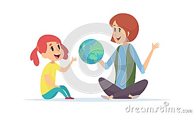 Geography lesson. Girl, teacher and globe, woman tell about planet. Young traveler or explorer new lands, dreams about Vector Illustration