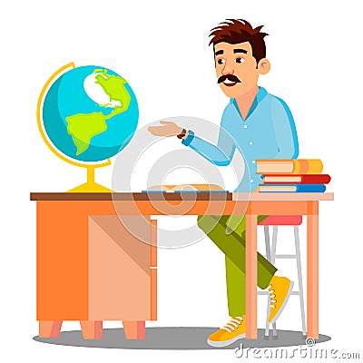 Geography Teacher In Glasses Sitting At Table With Books And Globe Vector. Isolated Illustration Vector Illustration