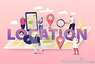 Geolocation Concept. Tiny Characters at Huge Location Map, People Use Online Smartphone Application Search Route, Gps Vector Illustration