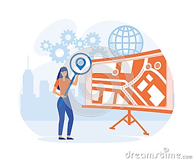 Geolocation Concept with Tiny Male and Female Characters Searching Route Vector Illustration