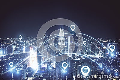 Geolocation hologram over modern city Stock Photo