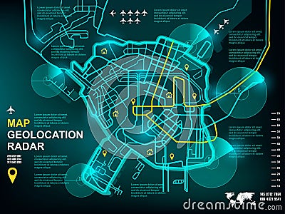 Geolocation radar screen interface, gps technology screen, location on the map by radar, navigator, quest, search by map Stock Photo