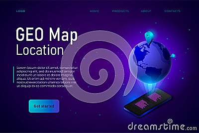 Geolocation webpage template. Geo map isometric earth illustration with geo pins. Vector Illustration