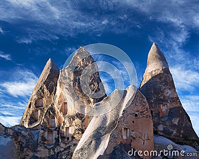 Geological formations with dovecotes in Cappadocia, Turkey Stock Photo