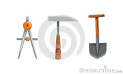 Geological Mining Industry Equipment Set, Pickaxe, Compass Tool, Shovel Cartoon Vector Illustration Vector Illustration