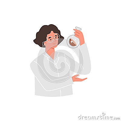 Geologist analyzing soil levels and composition, scientist woman in white coat with vial of liquid vector illustration Cartoon Illustration
