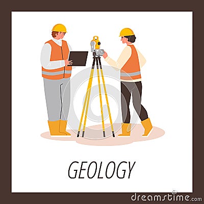 Geologist field work composition with man and woman taking geodetic measurements of earth surface vector cartoon poster Vector Illustration
