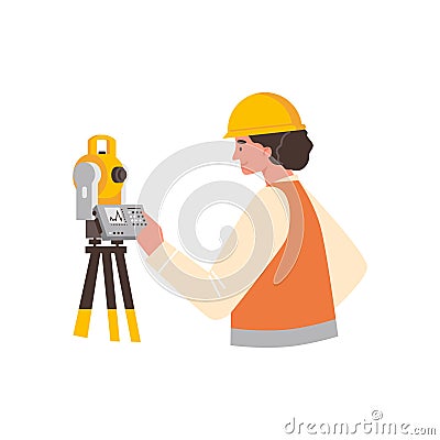 Geologist woman taking geodetic measurements of earth surface, cartoon geology equipment tacheometer vector illustration Vector Illustration