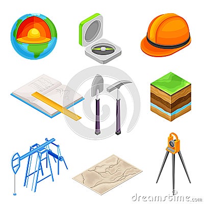 Geology Measurement Instruments with Soil Cross Section and Prospecting Hammer Vector Set Vector Illustration