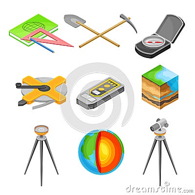 Geology Measurement Instruments with Soil Cross Section and Prospecting Hammer Vector Set Vector Illustration