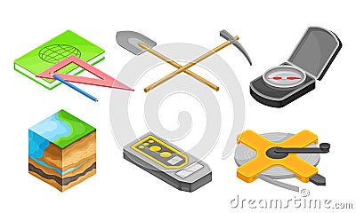 Geology Measurement Instruments with Soil Cross Section and Prospecting Hammer Vector Set Vector Illustration