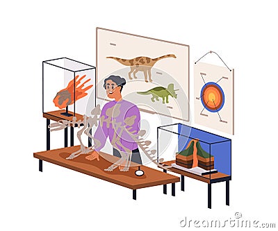 Geology and paleontology teacher during school lecture in classroom. Woman teaching at lesson in palaeontology class Vector Illustration