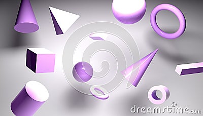 Geomerty set of 3d levitation shapes. 3d render. Different elements. Sphere, cube, cone, box, torus, cilynder Stock Photo