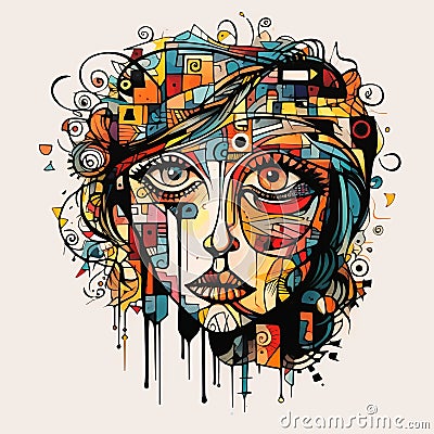 Geometric Abstract Female Face With Surrealistic Urban Doodles Cartoon Illustration