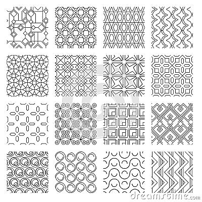 Geometric abstract monochrome seamless patterns set. Textile ornaments rosette curvatures with undulating overlap swirl Vector Illustration