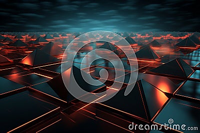 Geometric abstraction 3D rendering of complex structure, glowing pixel triangles Stock Photo