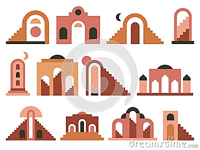 Geometric architecture elements. Contemporary abstract architectural arch, stairs and towers, minimal terracotta geometric Vector Illustration