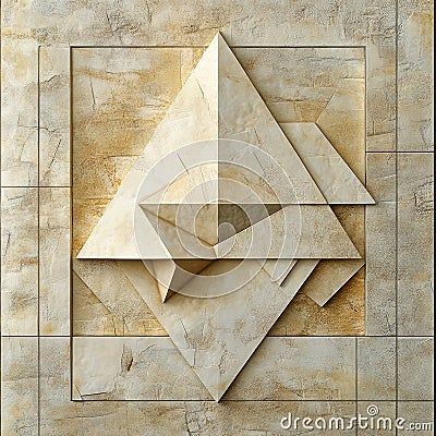 Geometric art features unique triangular shapes arranged asymmetrically on a textured surface, highlighting modern Stock Photo