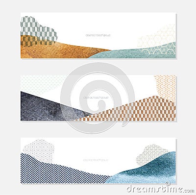 Geometric background with watercolor texture vector. Abstract landscape banner in Asian style Vector Illustration