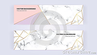 Geometric banner with gold lines, grey, pastel pink colors and marble texture background. Template for designs, card, flyer, invit Vector Illustration