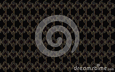 Geometric black background with abstract figures with golden lines with a pattern of symbols of the card suit - clubs, tambourines Vector Illustration