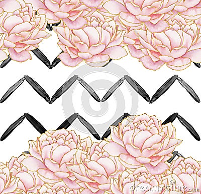 Seamless Pattern - geometric black stripes with pink peonies on white background Stock Photo