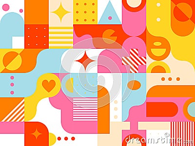 Geometric block seamless pattern. Retro geo background, creative shapes . Colorful vivid design, minimal abstract mosaic shapes, Vector Illustration