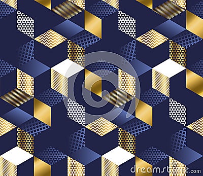 Geometric blue and gold cubes luxury seamless pattern Vector Illustration