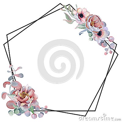 Geometric botanical design frame. Wild flowers, peonies, anemone, leaves and herbs. Stock Photo