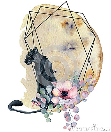 Geometric botanical design frame. Wild panther, moons, flowers, leaves and herbs. Stock Photo