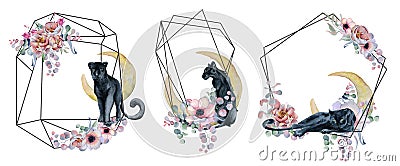 Geometric botanical design frame. Wild panther, moons, flowers, leaves and herbs. Stock Photo