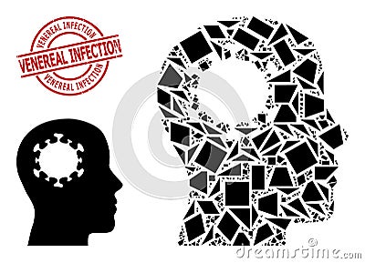 Geometric Brain Infection Icon Mosaic and Scratched Venereal Infection Stamp Print Vector Illustration