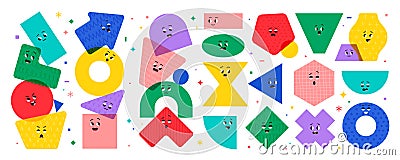 Geometric character shapes with face emotions, different cartoon basic figures. Cute colorful shapes, hand drawn Vector Illustration