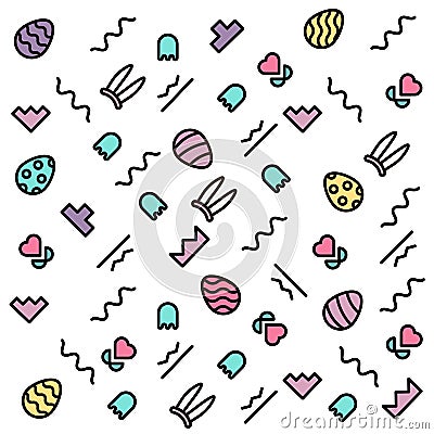 Geometric cheerful pattern with Easter eggs and rabbit ears costume. 80`s and 90`s graphic trendy style. Vector Illustration