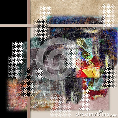 geometric collage with black and white crow's feet motif Stock Photo