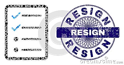 Rubber Resign Stamp Seal and Geometric Checklist Page Mosaic Vector Illustration