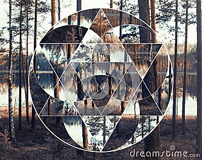 Geometric collage with the lake and nordic forest, sacred geometry Stock Photo