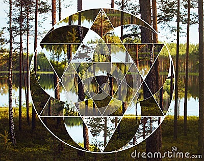 Geometric collage with the lake and nordic forest, sacred geometry Stock Photo