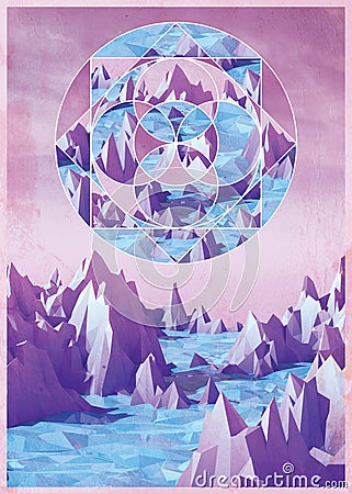 Geometric Collage of a Low poly mountains landscape with water. Stock Photo