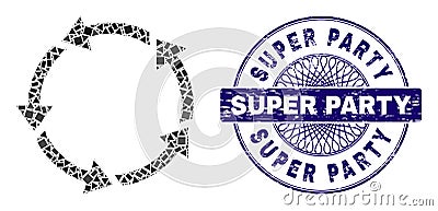 Grunge Super Party Badge and Geometric Rotation Mosaic Vector Illustration