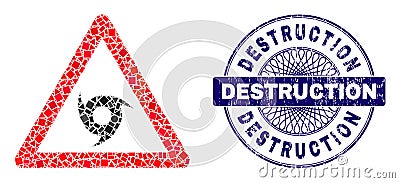 Grunge Destruction Badge and Geometric Tornado Warning Mosaic Vector Illustration