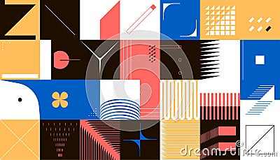 Geometric cover. Contemporary minimalistic shapes composition. Collage of square frames with simple figures and lines Vector Illustration