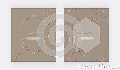 Geometric cover design with golden lines frames on the nude background. Template for wedding invitation, blog posts, banner, card, Vector Illustration