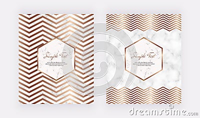 Geometric cover design with marble frames, golden chevron lines on the marble texture. Template for wedding invitation, blog posts Vector Illustration