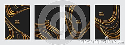 Geometric cover design set. A pattern of curved gold outlines, lines, stripes on a black background with copy space for text. Coll Vector Illustration