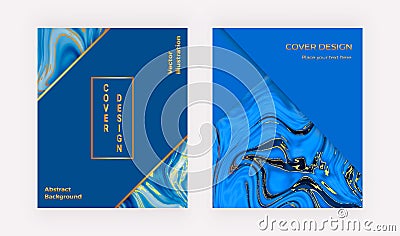 Geometric covers with blue marbling texture. Liquid watercolor marble. Template for card, flyer, placard, party, social media, inv Stock Photo