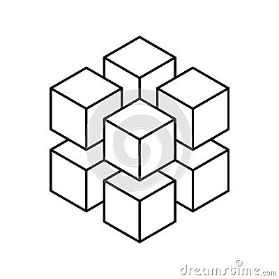 Geometric cube of 8 smaller isometric cubes. Abstract design element. Science or construction concept. Black outline 3D Vector Illustration