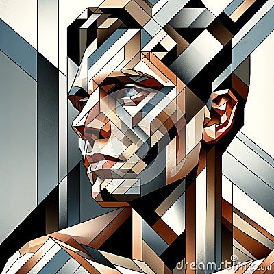 A geometric cubist portrait of a man, rendered with sharp lines and angular shapes, capturing his contemplative Stock Photo