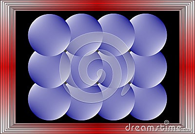 Geometric 3d round pattern, light blue 3d balls on black background, spheres covered by red frame. Stock Photo